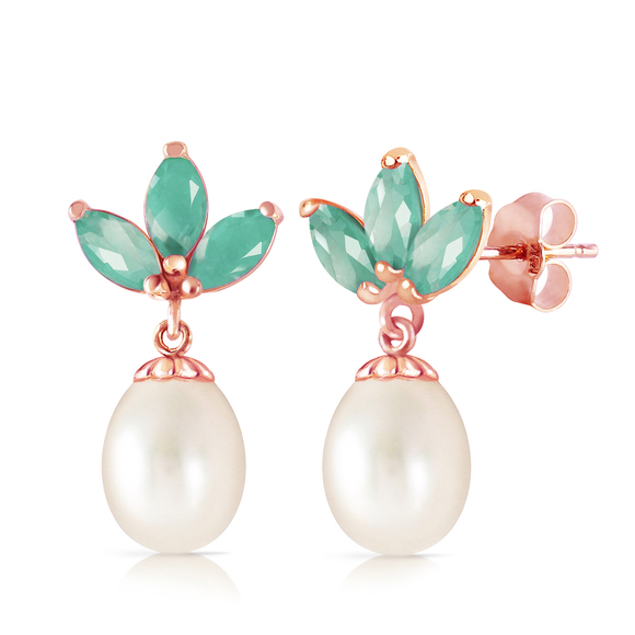 14K. SOLID GOLD DANGLING EARRING WITH PEARLS & EMERALD (Rose Gold) - Picture 3 of 3